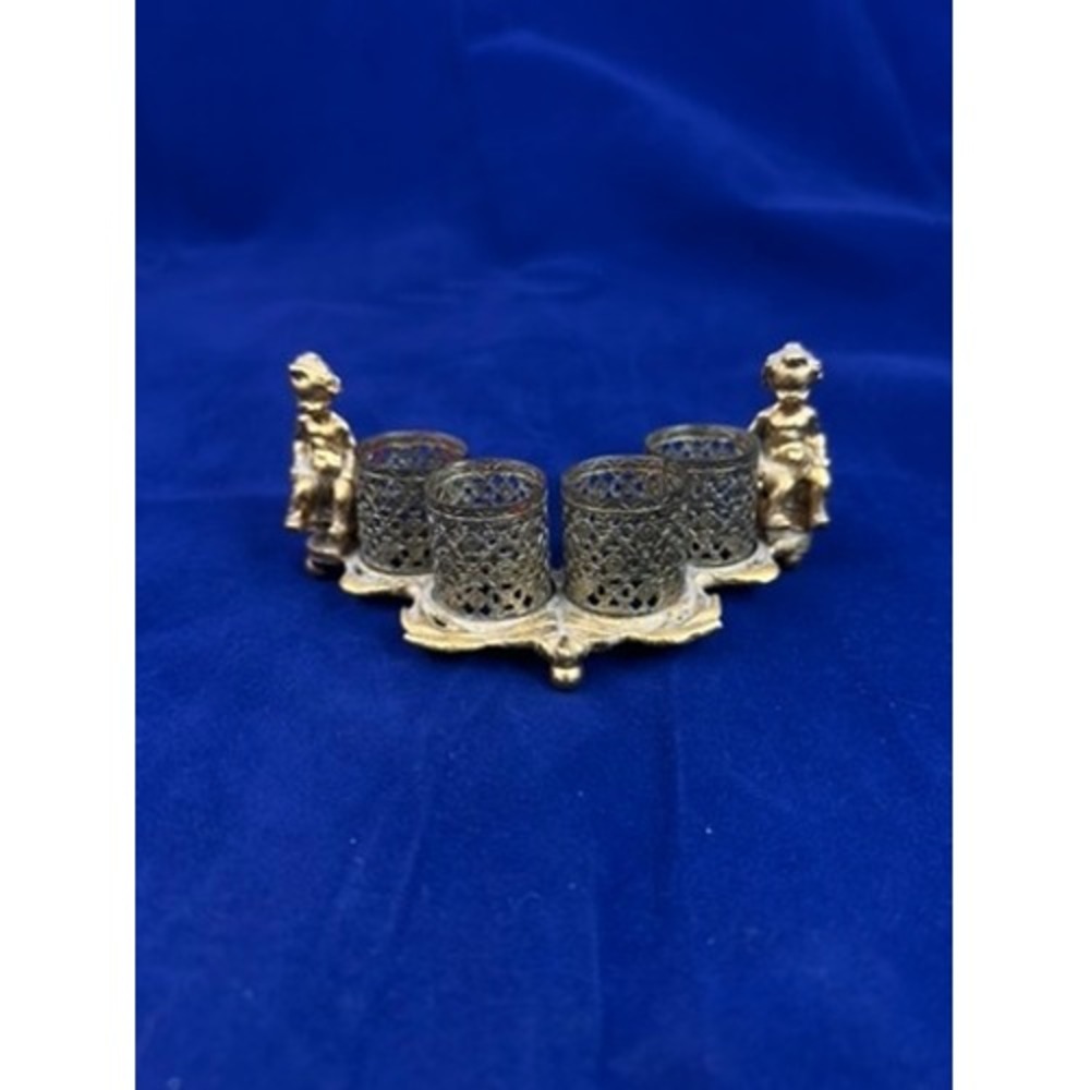 1940s Vintage Gold Tone Lipstick Holder Figural Vanity Organizer Boudoir Decor